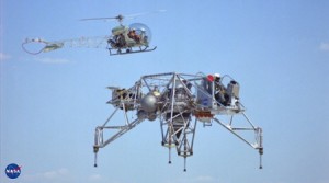 NASA photo: Lunar Landing Research Vehicle (LLRV) with Bell 47 Helicopter providing chase support